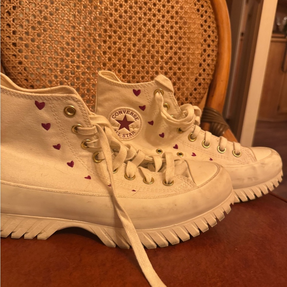Converse White High-Tops with Red Heart Details